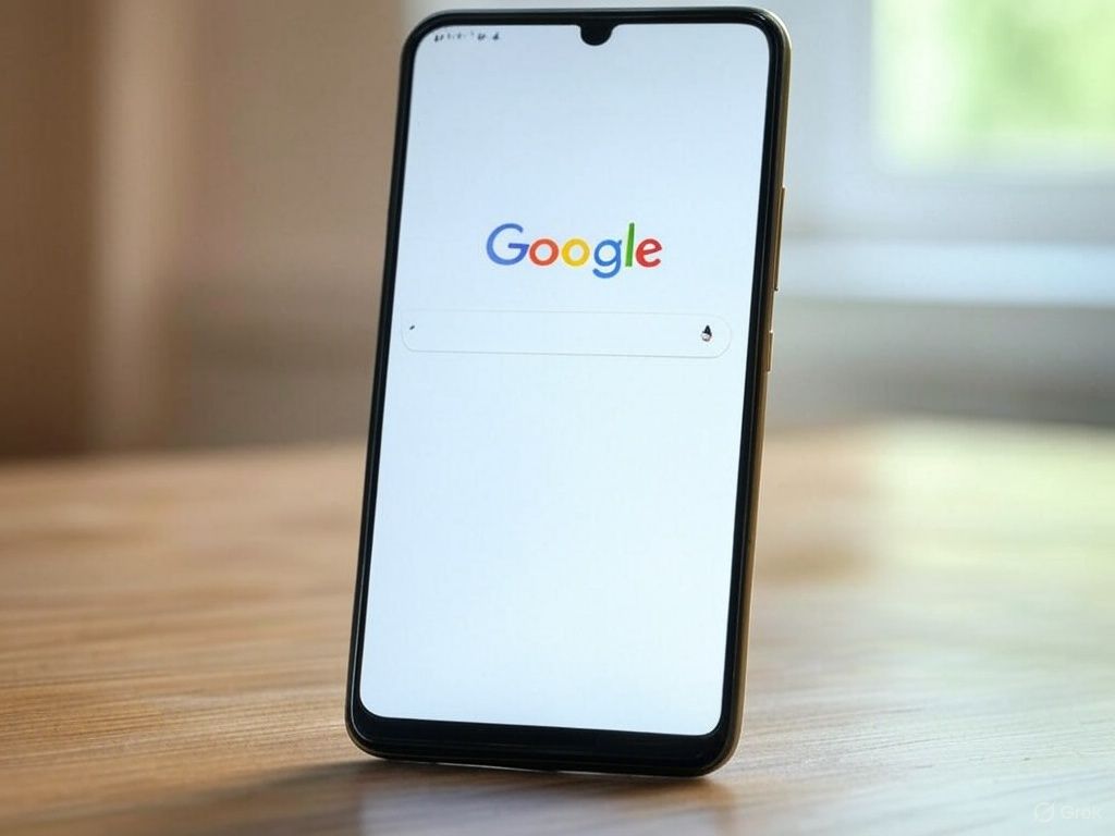 A cell phone is sitting on a wooden table with the google search engine open.