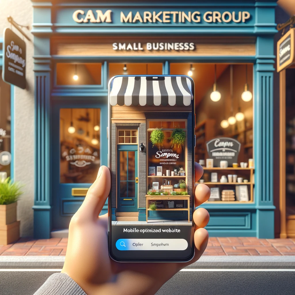a person is holding a cell phone in front of a small business