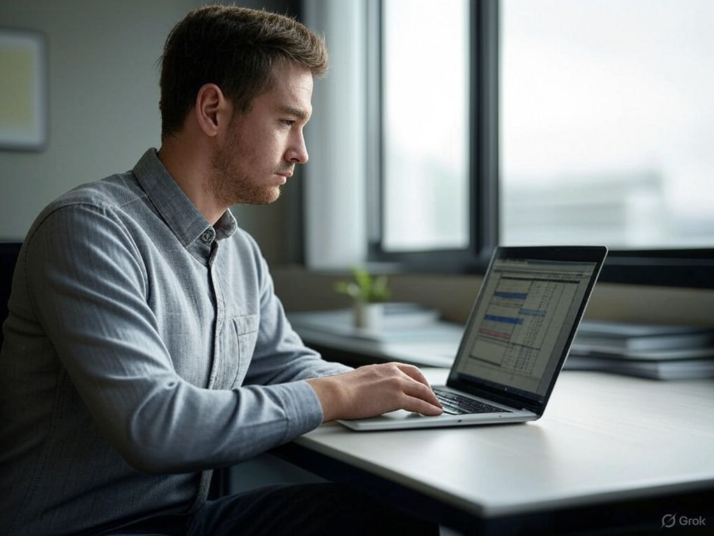 A man is sitting at a desk using a laptop computer.