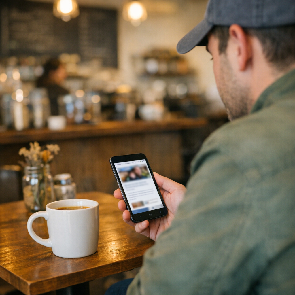 A person wearing a baseball cap and green jacket sits at a cafe table with a white coffee mug, looking at their phone.