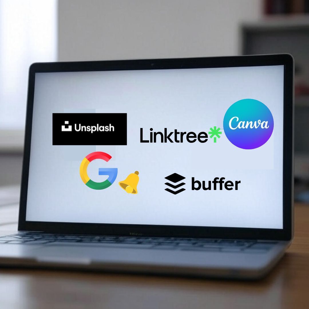 A laptop with logos for unsplash linktree and canva on the screen