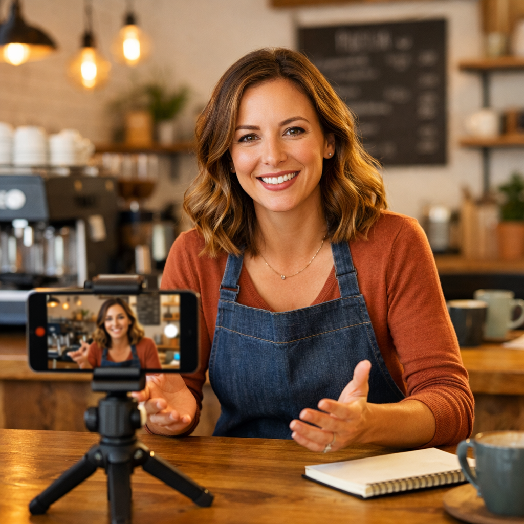 A person wearing an apron talks to a camera mounted on a tripod in a coffee shop setting.