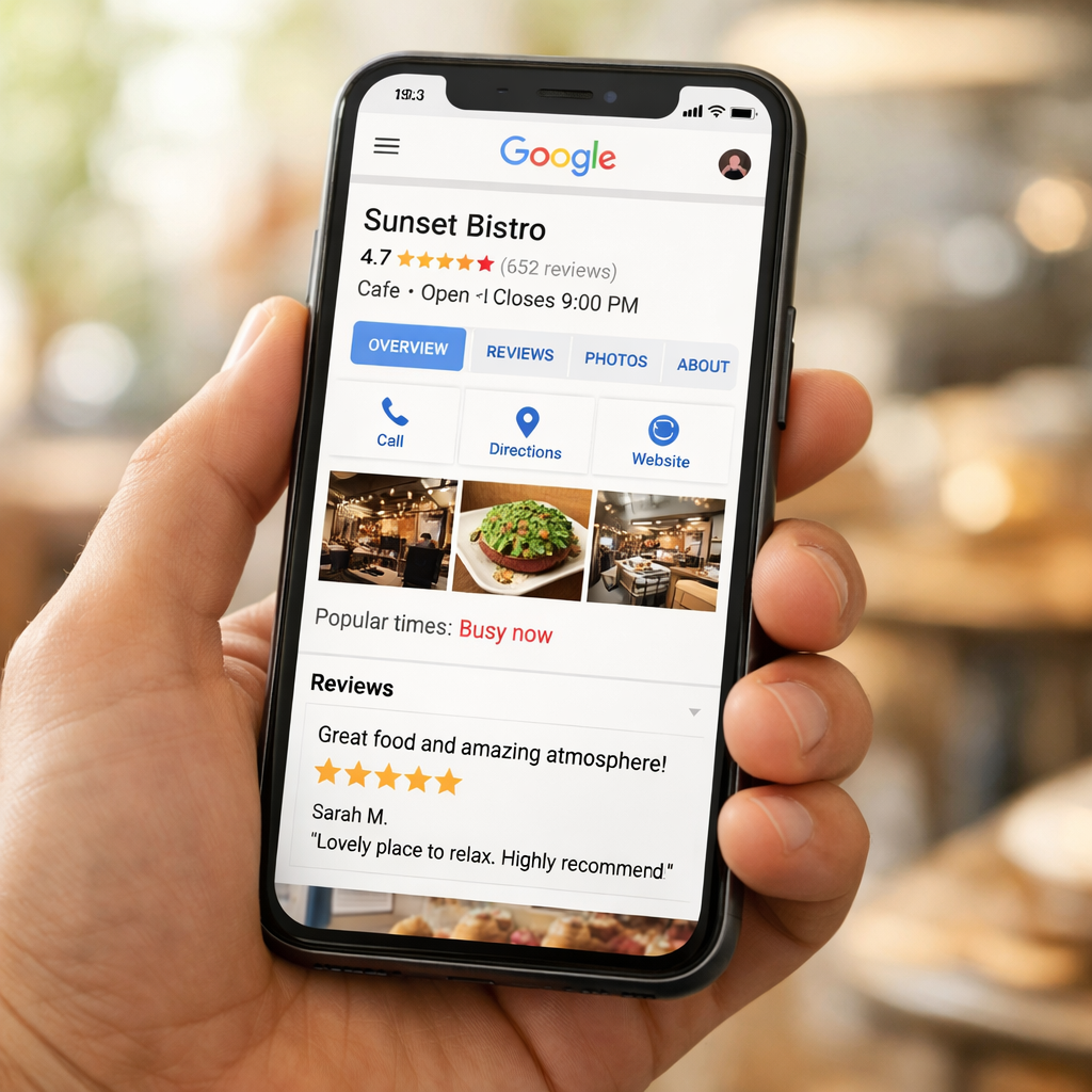 A hand holds a smartphone displaying a Google search result for 