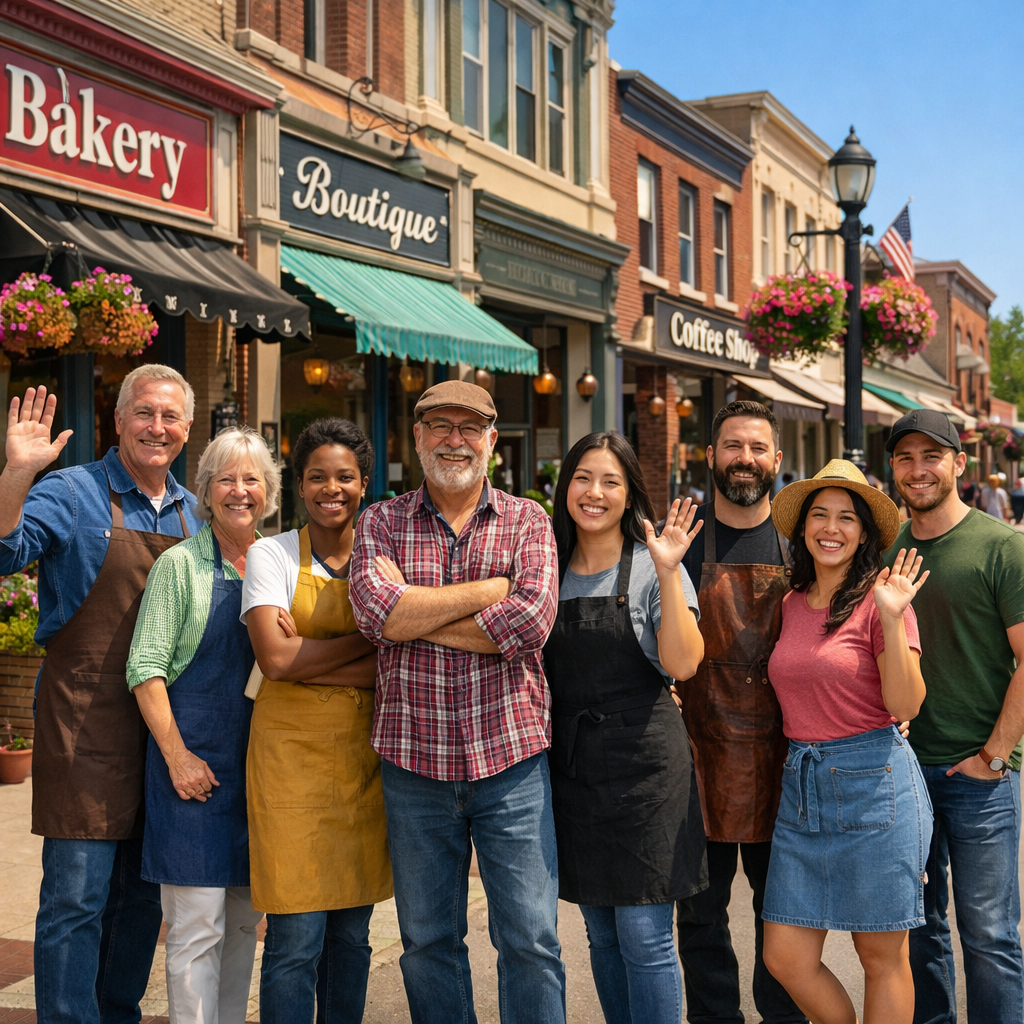 A group of shop employees in aprons stands on a sidewalk in front of small businesses, smiling and waving to the camera.