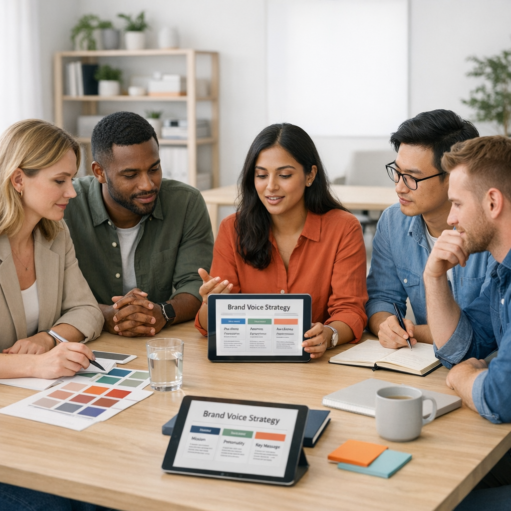 Team of five reviewing tablet business charts around a wooden table in a bright office meeting room