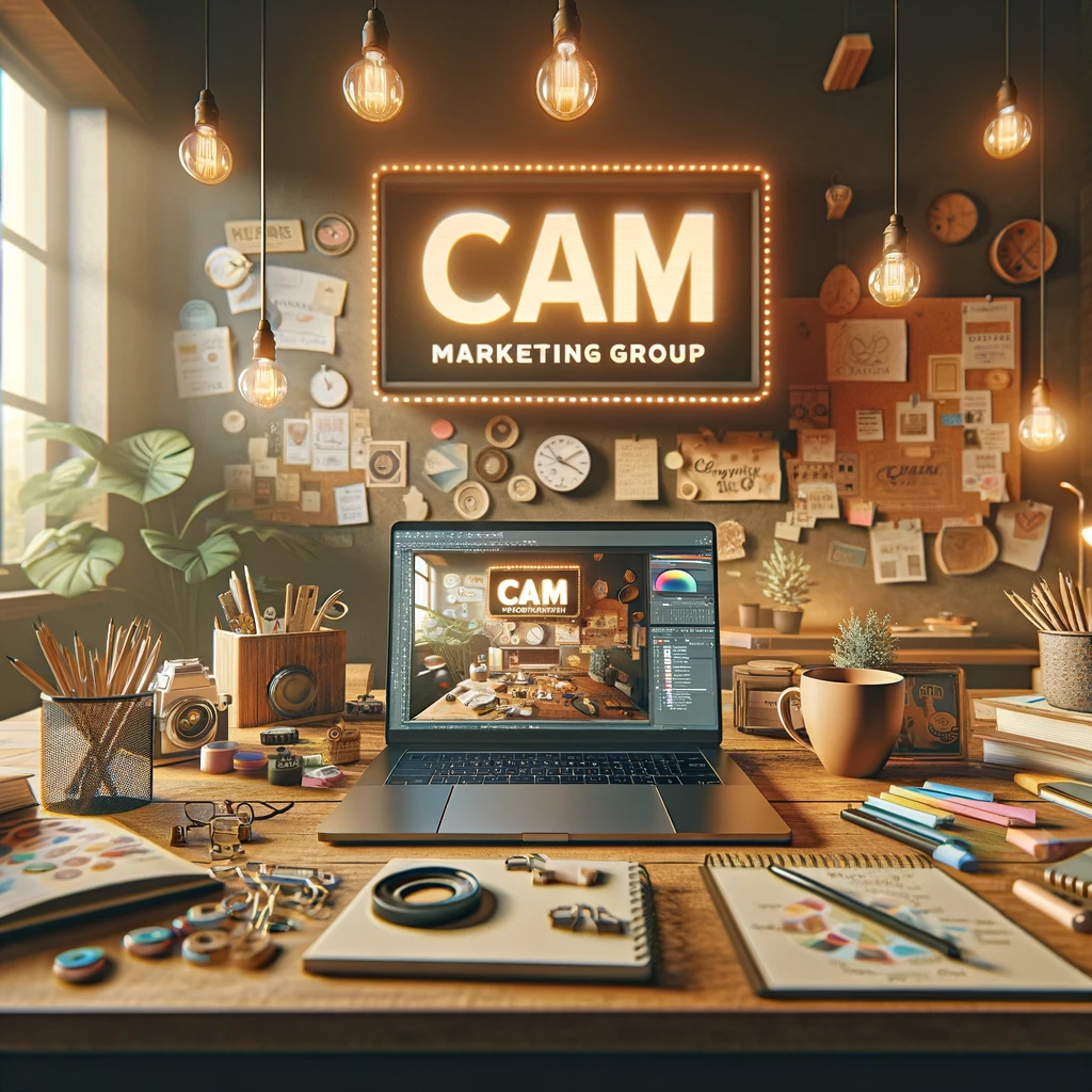 A desk with a laptop and a sign that says cam marketing group