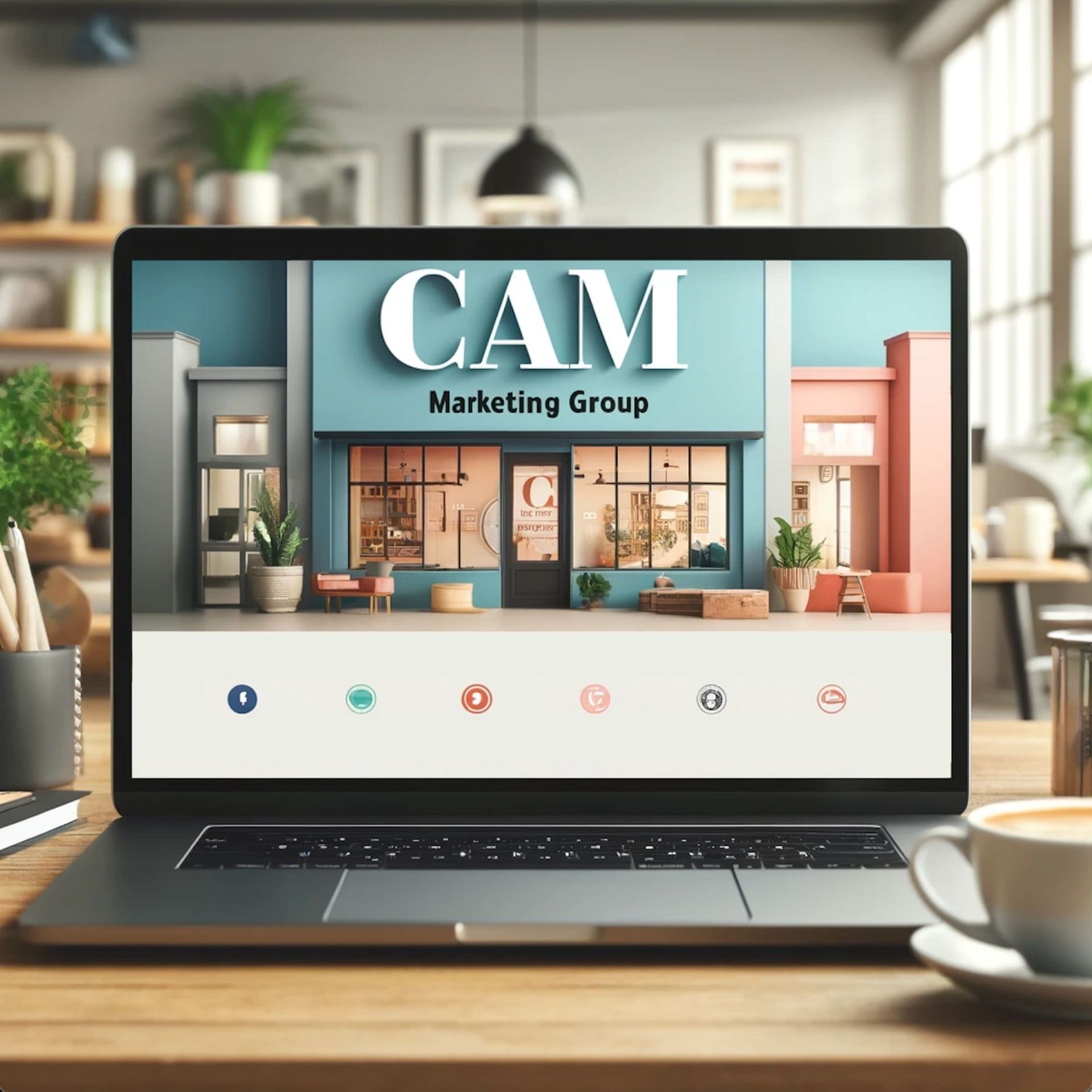 A laptop is open to the cam marketing group website