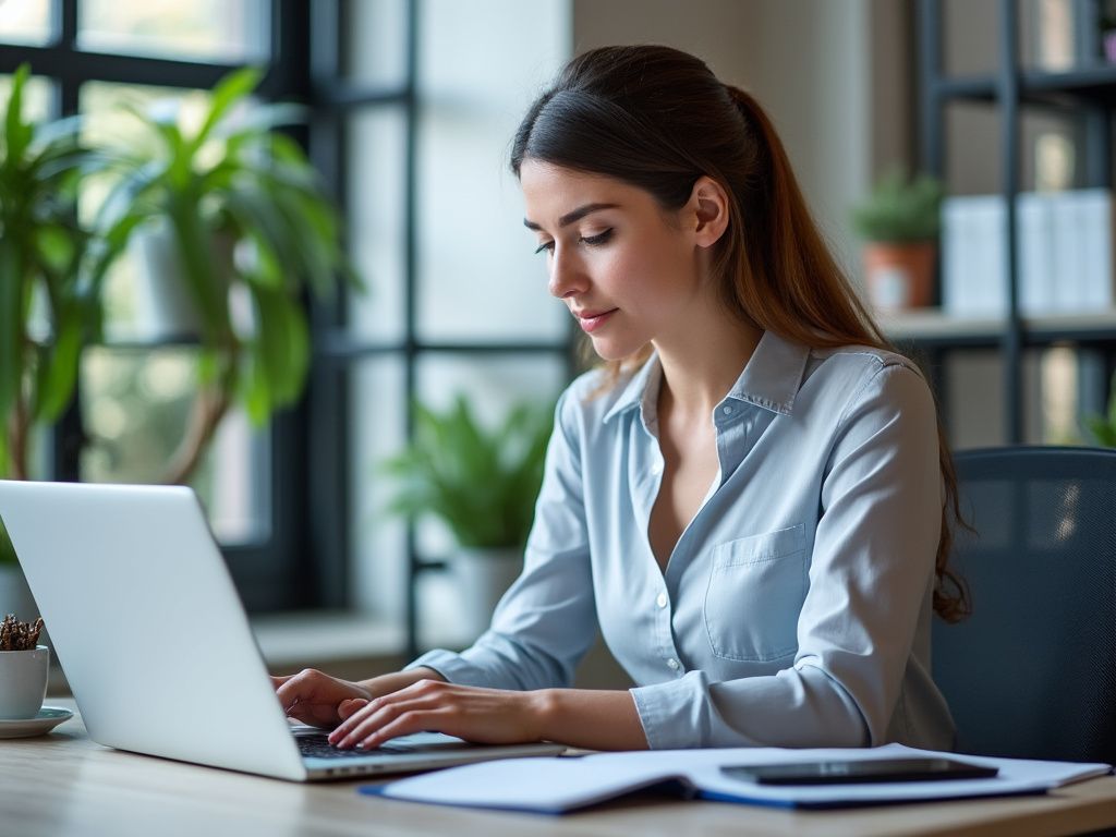 A woman is sitting at a desk using a laptop computer.