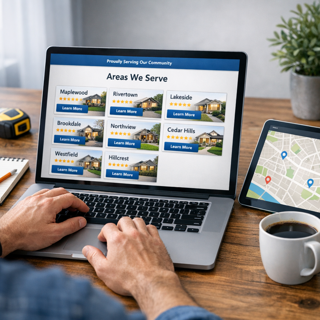 Person using a laptop to browse hotel listings, with a map tablet and coffee on a desk