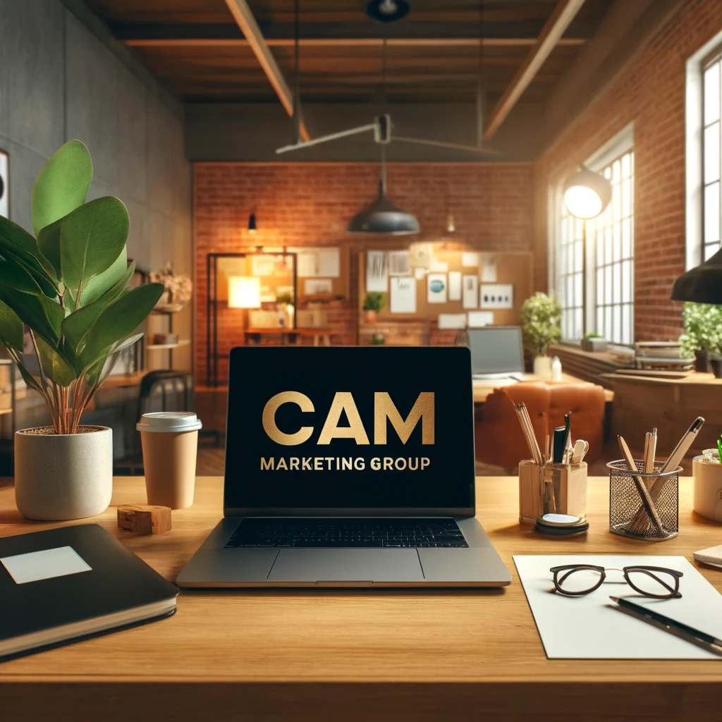 A laptop computer is open to a screen that says cam marketing group