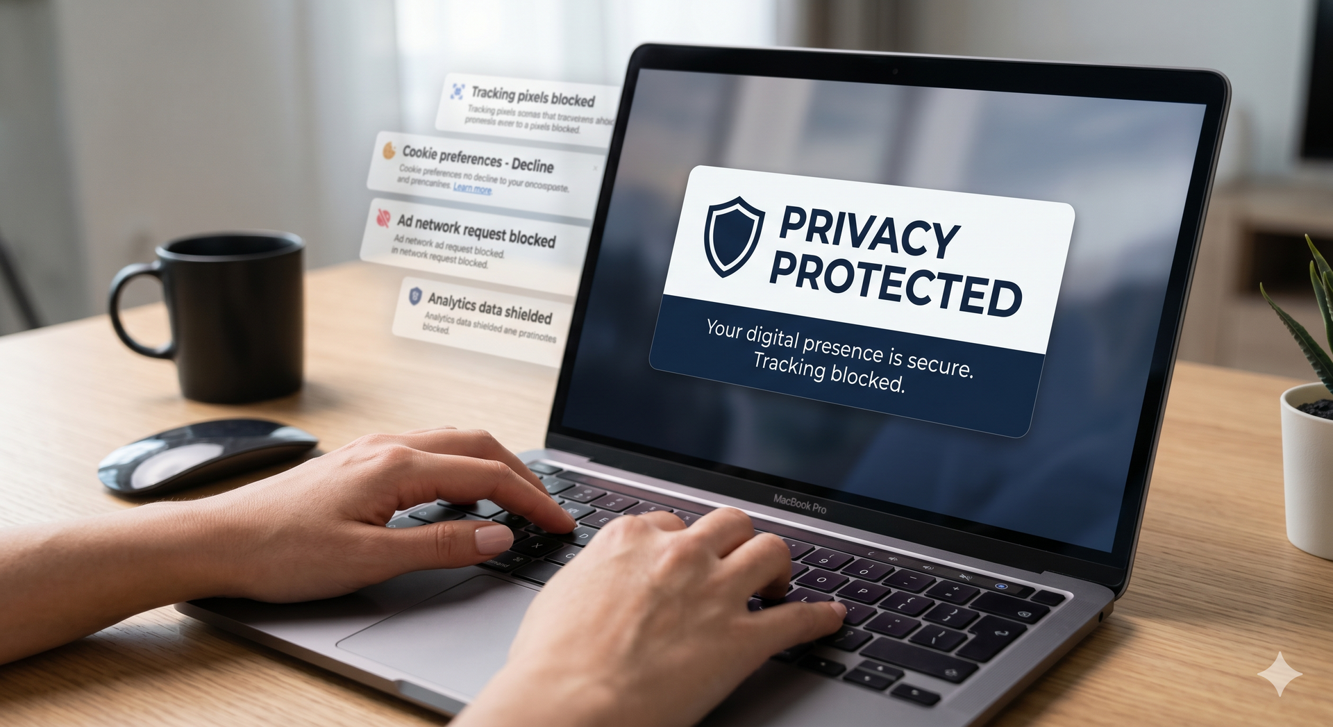 Hands typing on a laptop showing “Privacy Protected” on the screen, on a desk with a coffee mug and mouse.