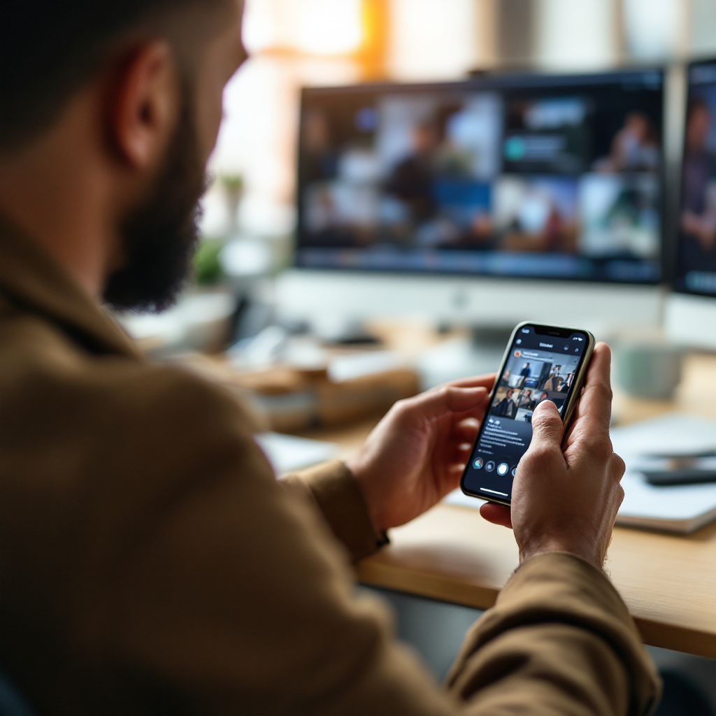 A man is sitting at a desk holding a cell phone in his hands.