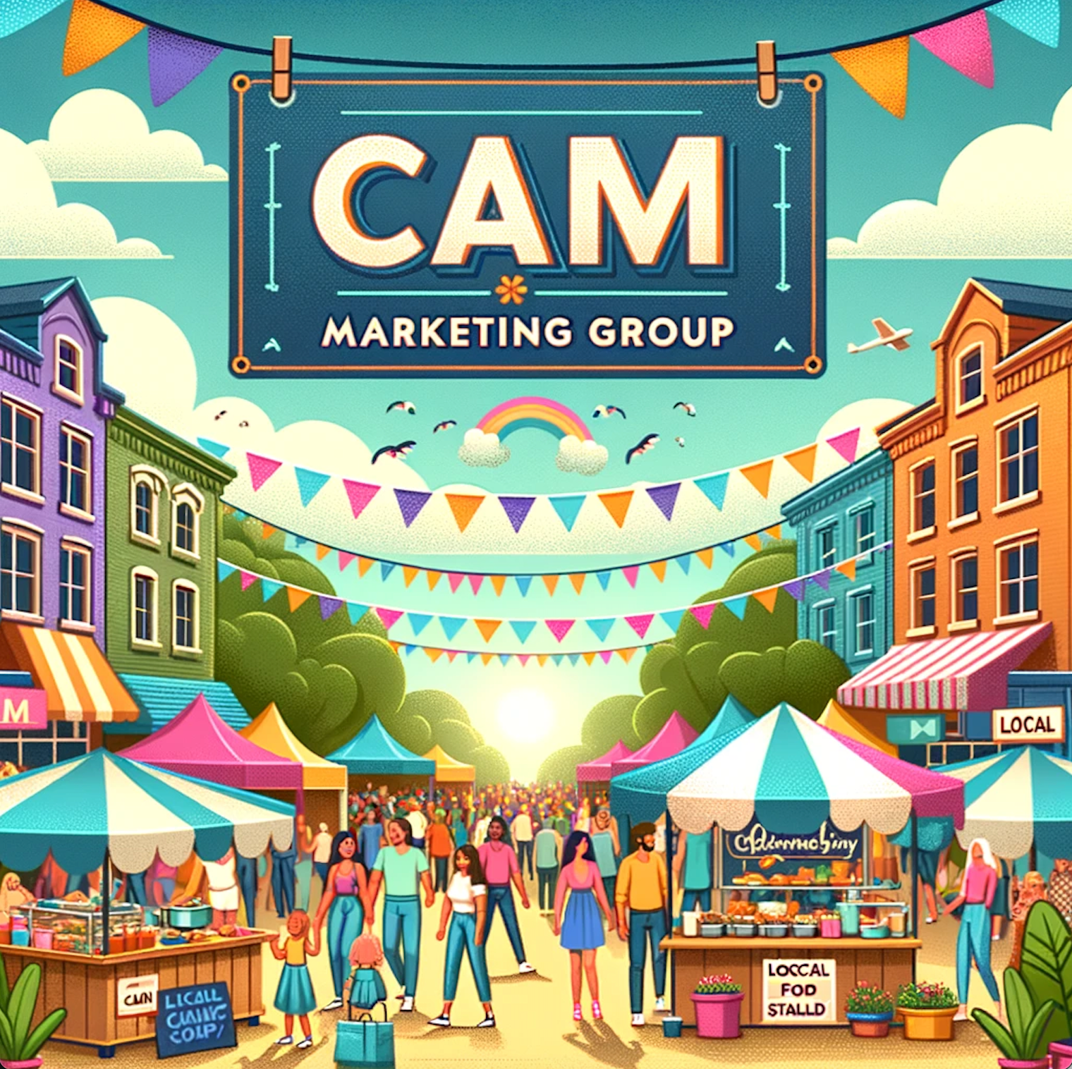 A colorful illustration of a market with a sign that says cam marketing group.