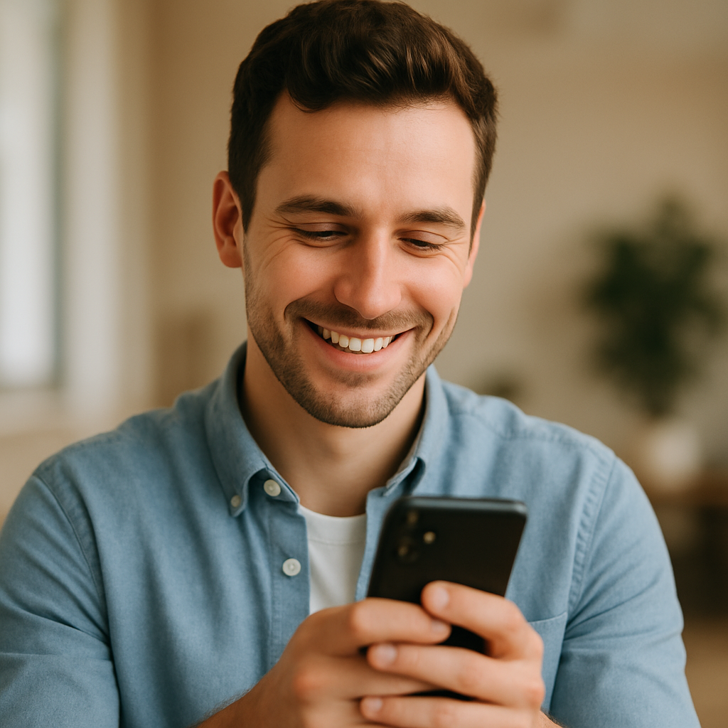 A man is smiling while looking at his cell phone.