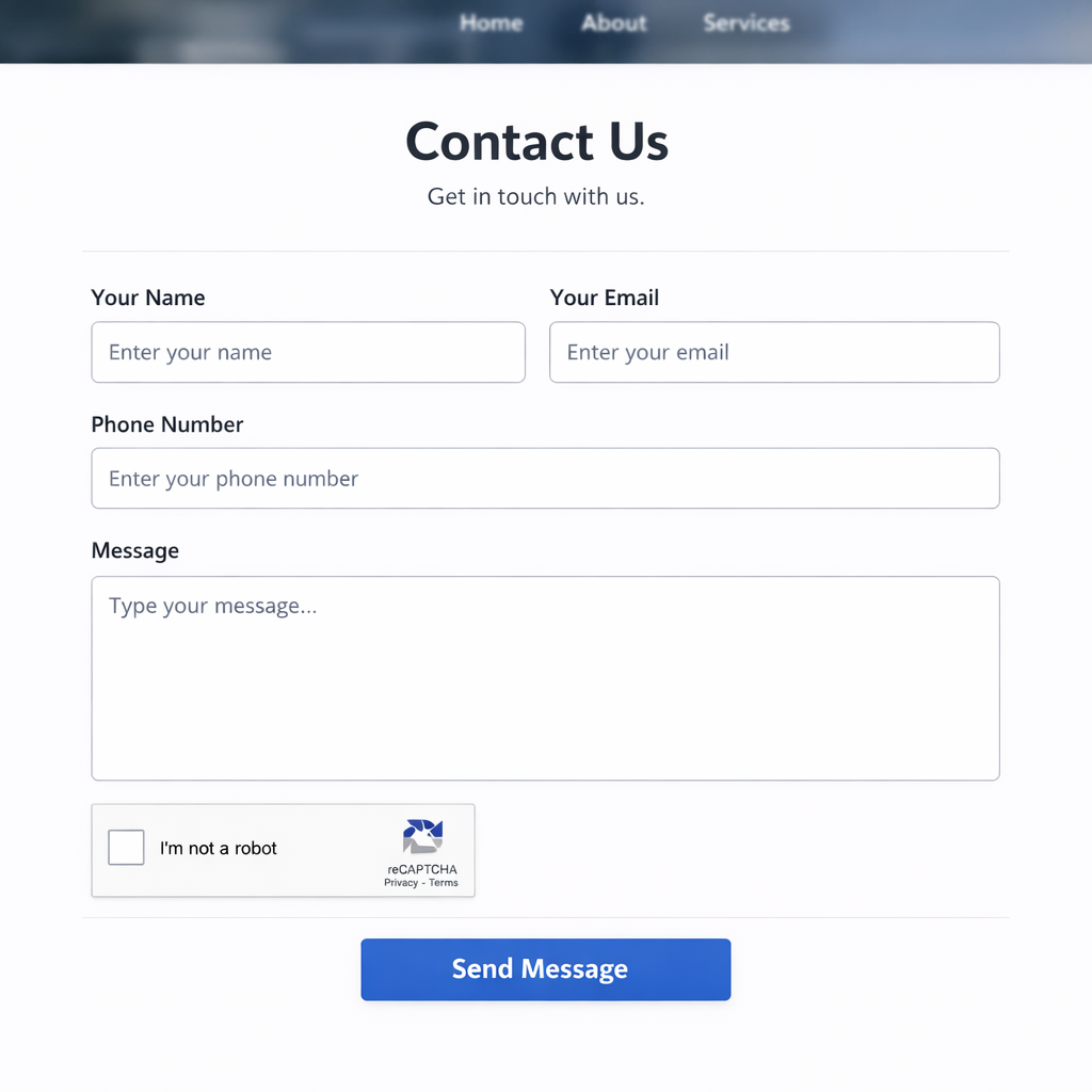 Contact form with fields for name, email, phone, message, and a submit button.