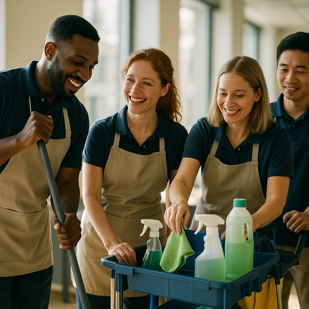 Four cleaning staff smiling while working, one man holding a mop, and the others with cleaning supplies.
