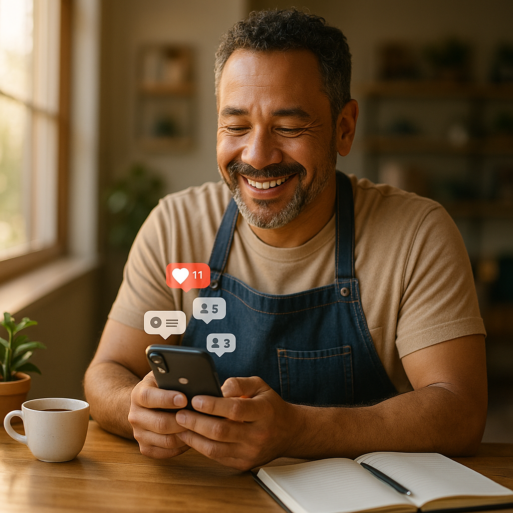 Man in apron smiles while looking at his phone, social media notifications above. Cup of coffee and notebook on table.