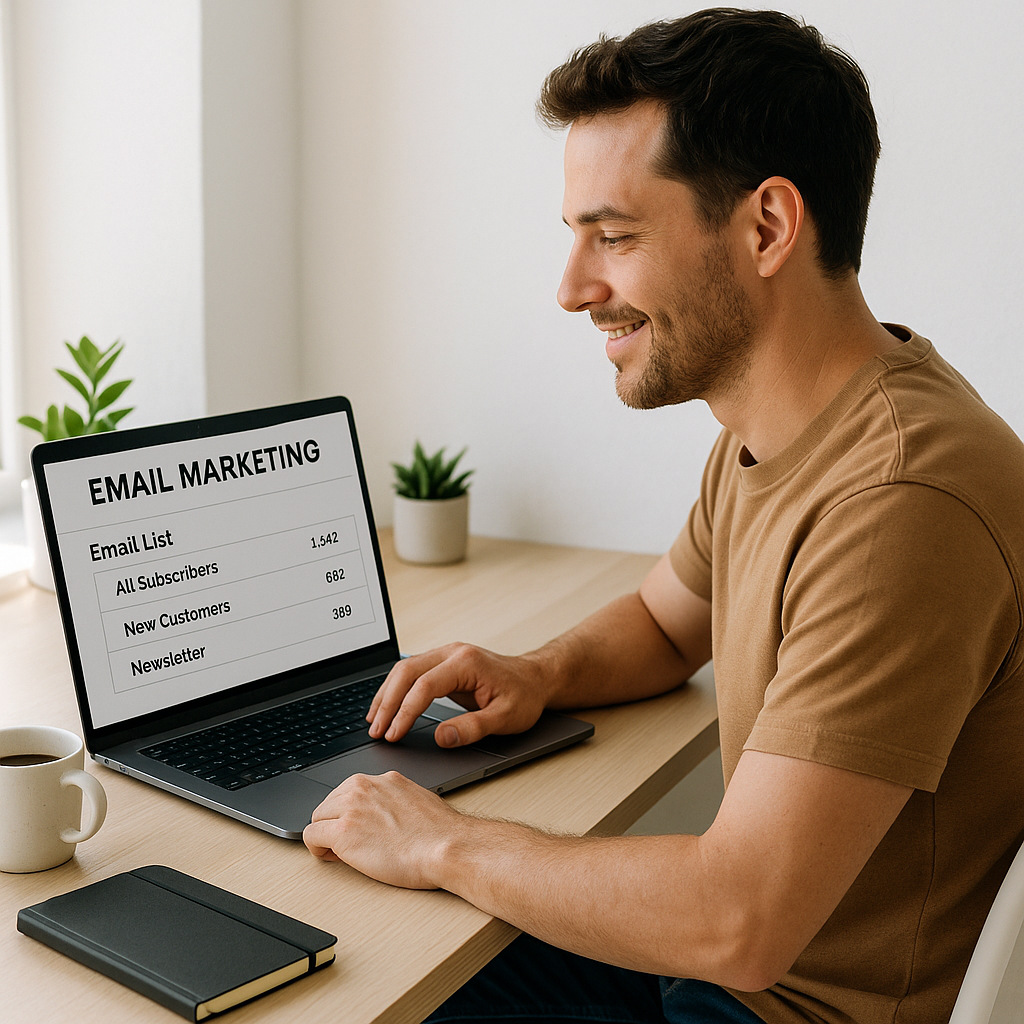 Man smiles while working on email marketing on laptop at desk.