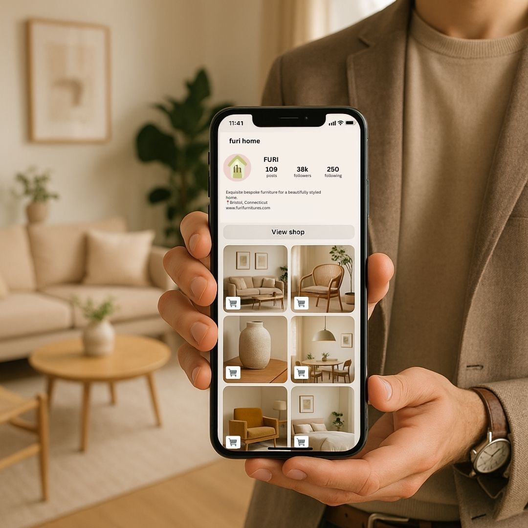 Person holding phone displaying furniture app; living room setting with beige tones.
