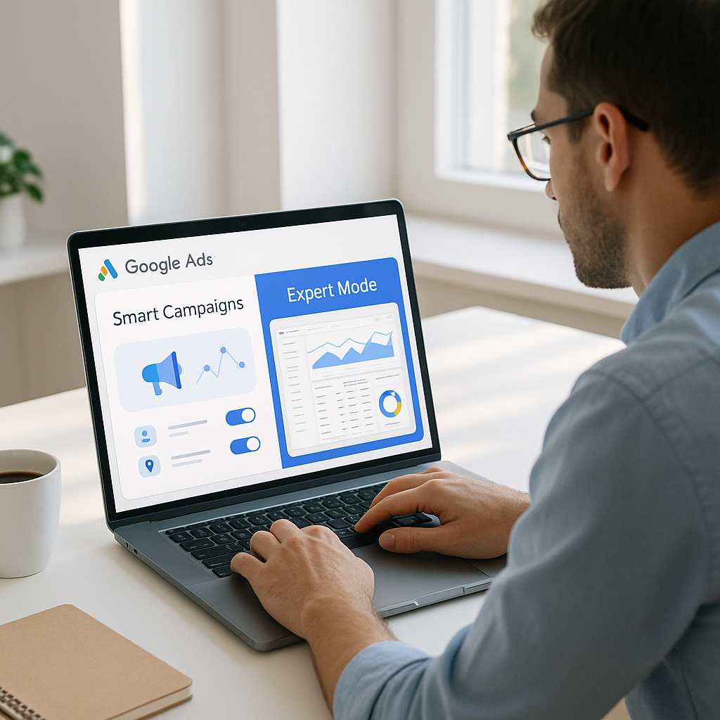 Man using a laptop displaying a Google Ads report, working at a desk.