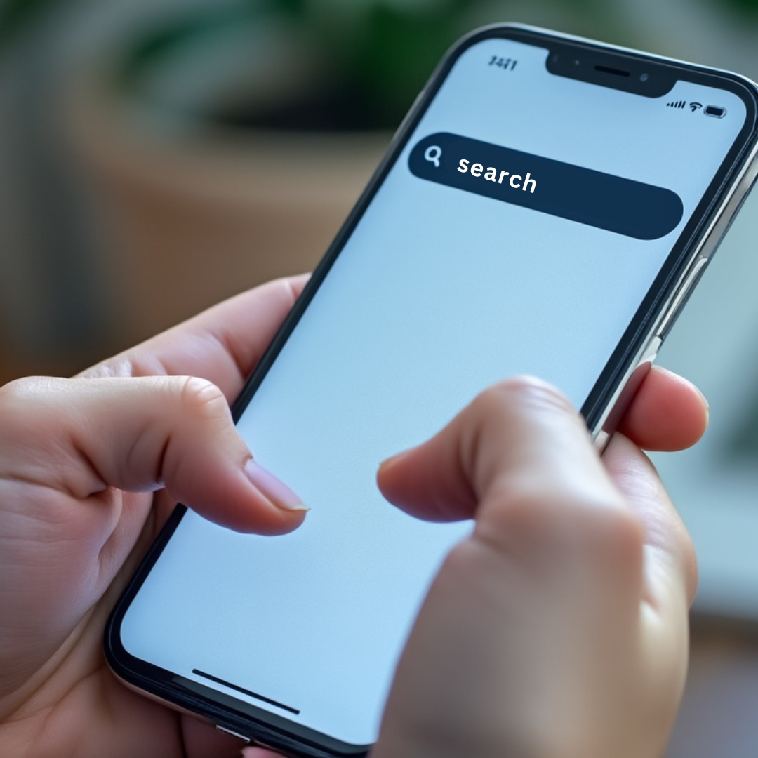 A person is holding a cell phone with a search bar on the screen