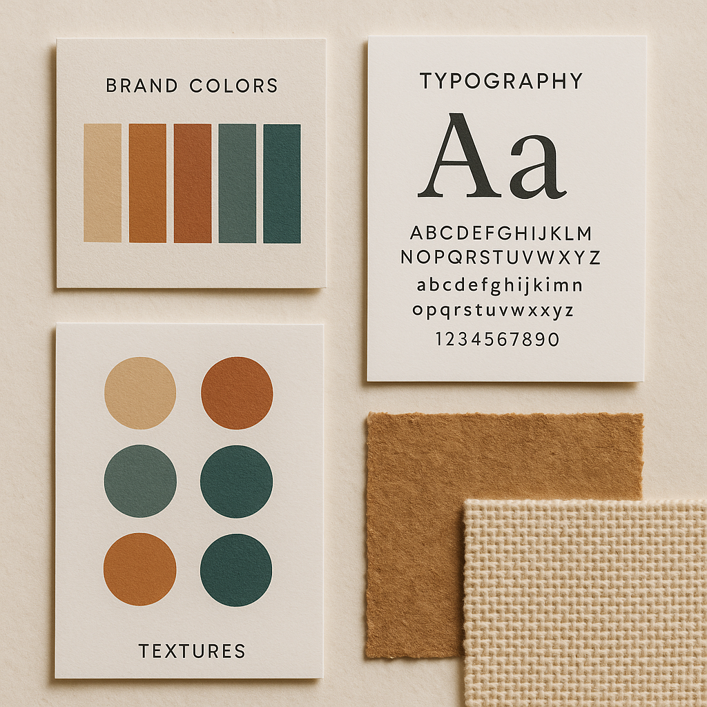 Brand colors, typography, and texture swatches in beige, brown, and green.