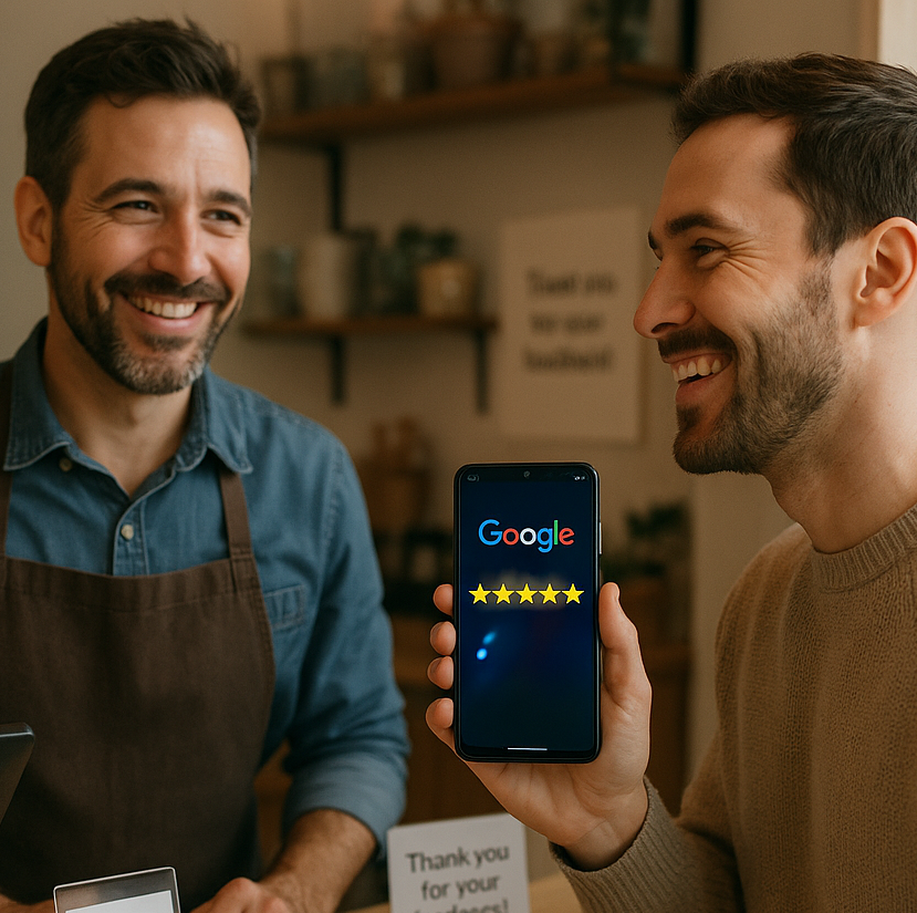 Two men smiling, one holding phone displaying Google with five stars, in a shop setting.