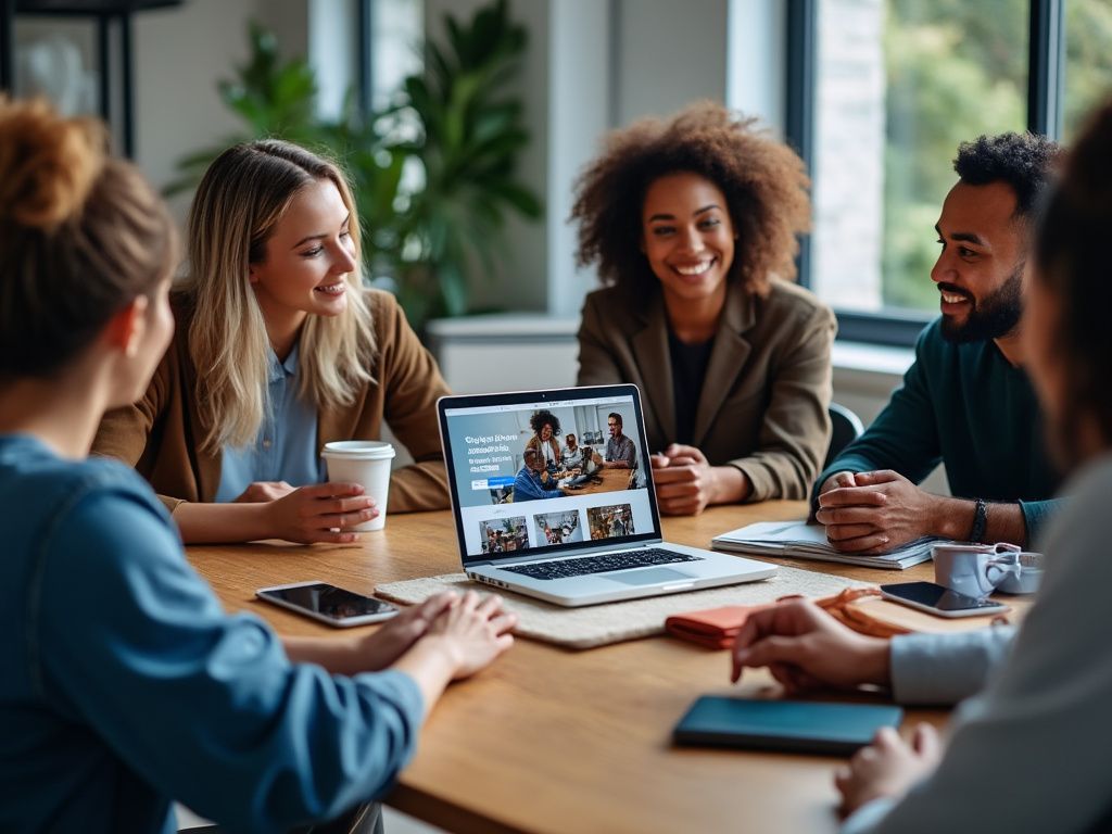 A group of people are sitting around a table looking at a laptop.