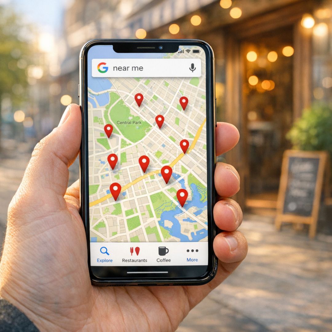 Hand holding smartphone showing a map search for nearby places with red location pins