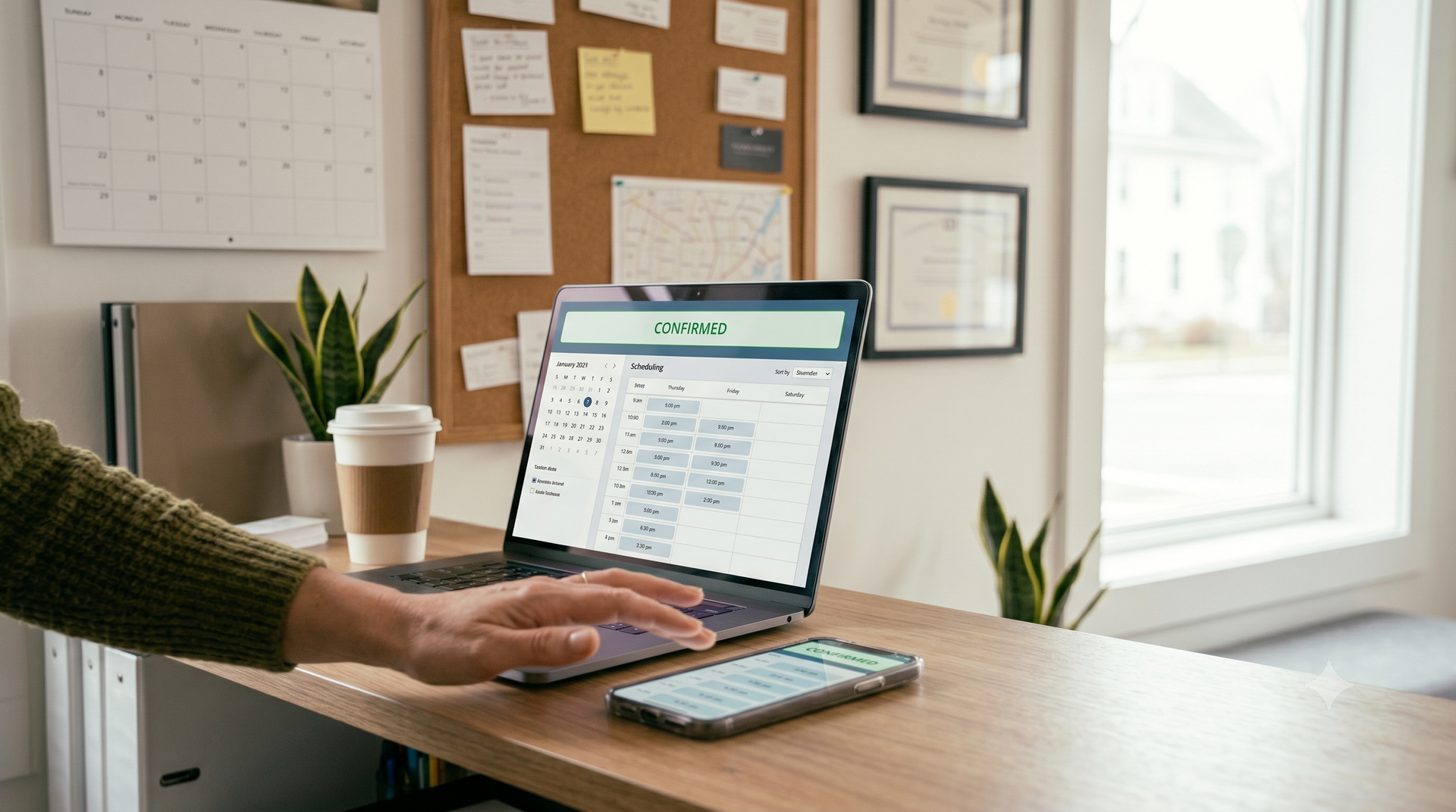 Person using a laptop at a desk in a bright office with coffee cups and a phone nearby