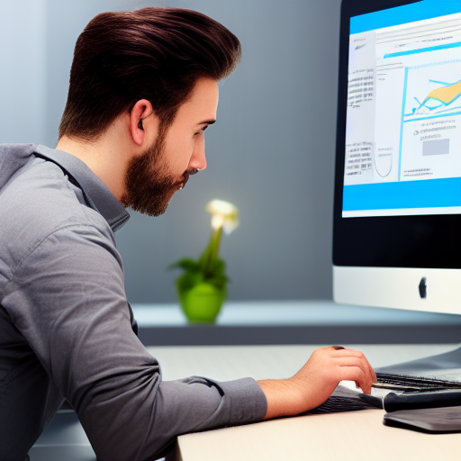 a man sitting at a desk looking at a computer screen