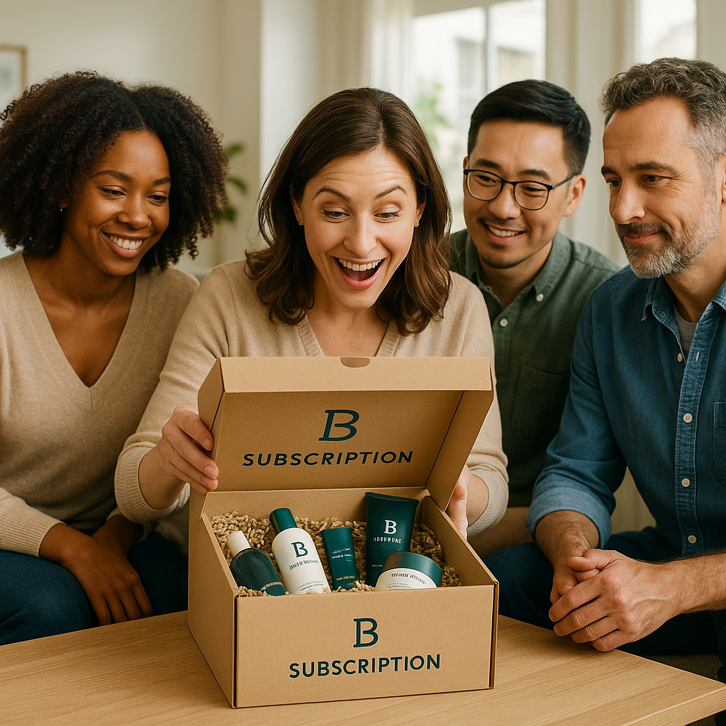 Four people smiling as a woman opens a subscription box filled with skincare products.