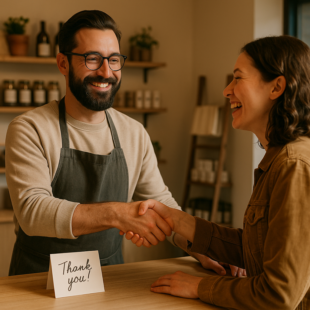 A shopkeeper in an apron shakes hands with a smiling customer at the counter. A 