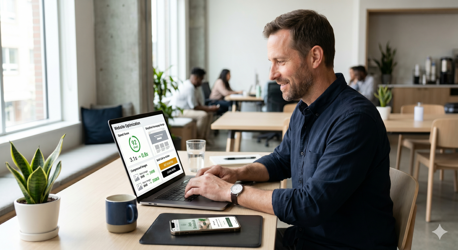 Man using a laptop at a café table, reviewing analytics on the screen with a tablet beside him.