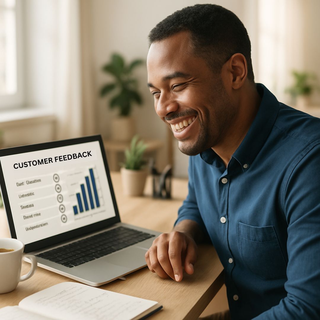 Man smiles at laptop displaying customer feedback chart. Coffee cup and notepad nearby.