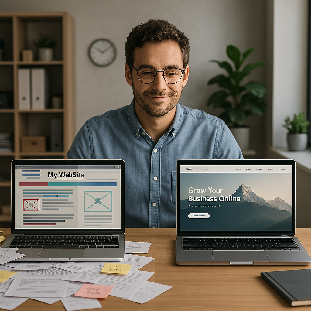 Man with glasses looking at two laptops on a desk; website designs displayed, paperwork scattered.