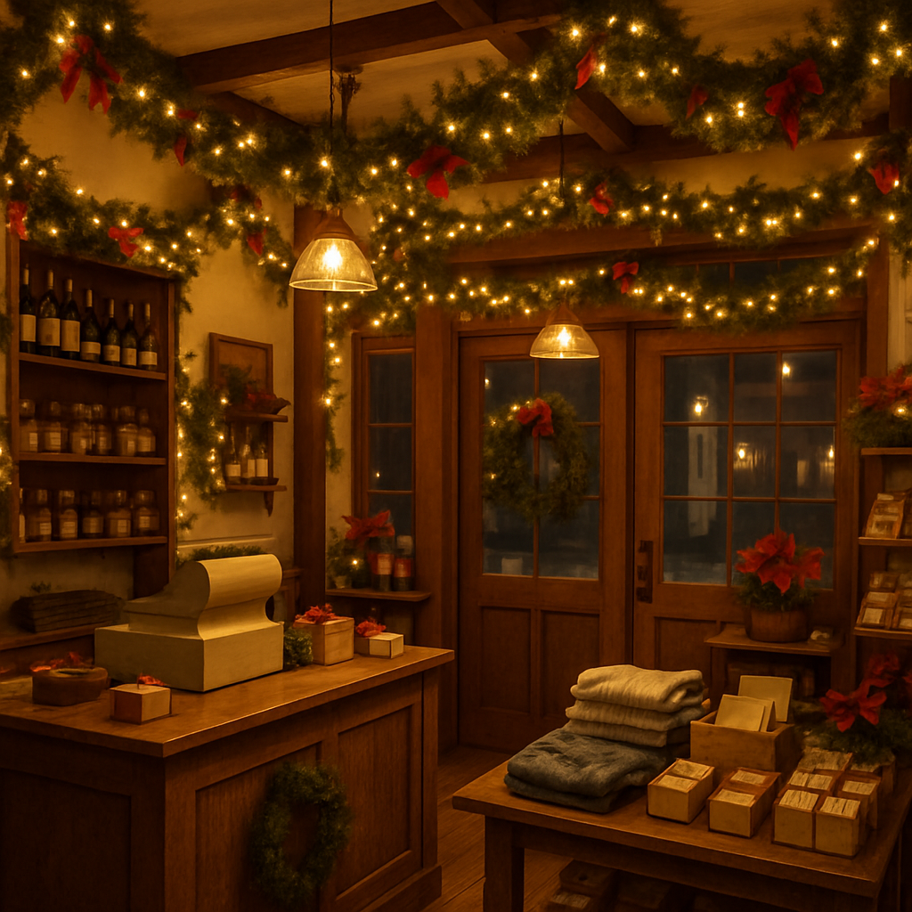 A cozy shop interior decorated for Christmas. Garlands, lights, gifts, and merchandise. Wooden tables, doors, and shelves.