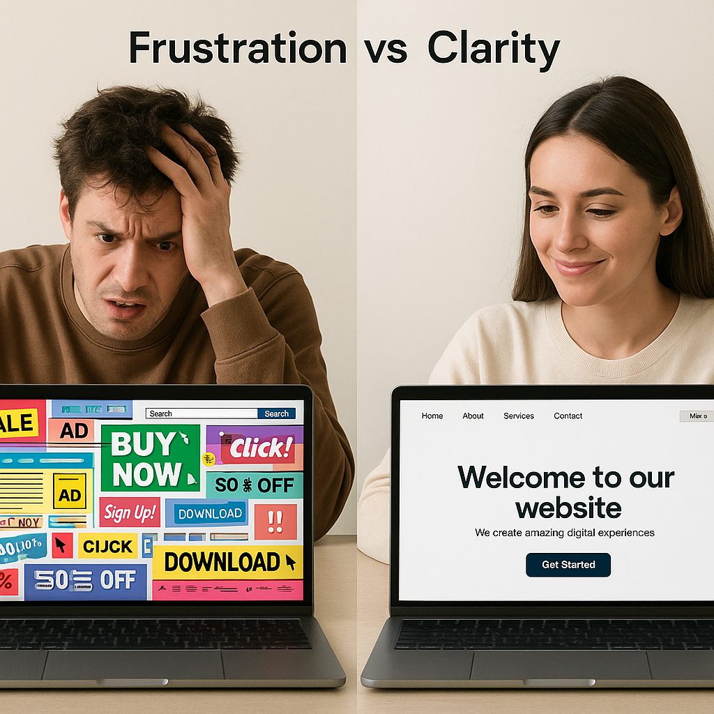 Man frustrated by cluttered website vs woman pleased by simple website.