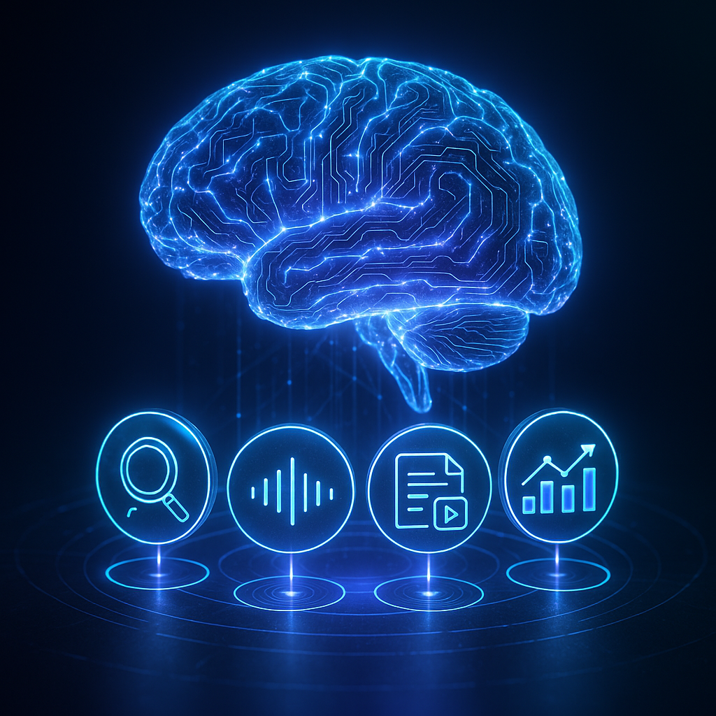 Glowing blue brain above icons: search, audio wave, document, and graph, set against a dark background.