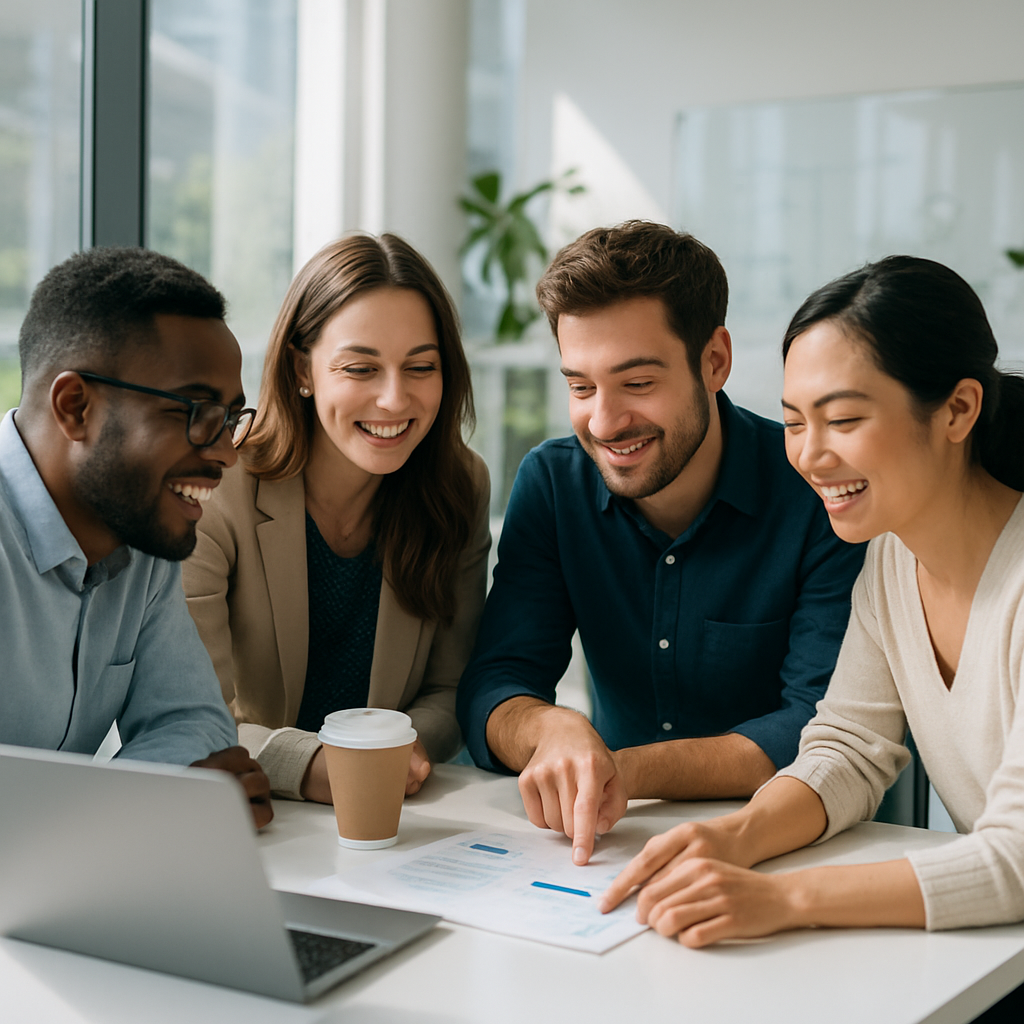 A group of people are sitting around a table looking at a laptop computer.