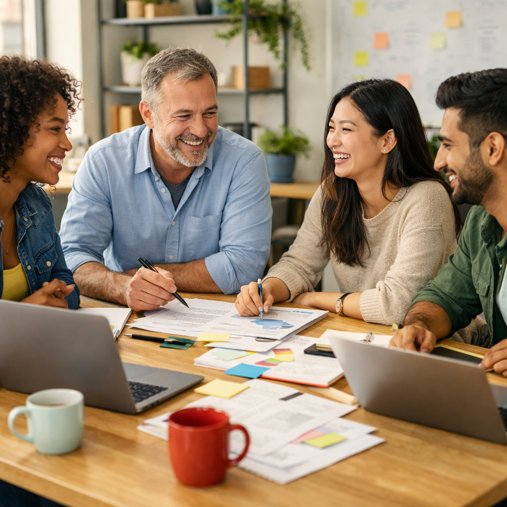 Four colleagues smiling and collaborating around a table with laptops, papers, and coffee cups.
