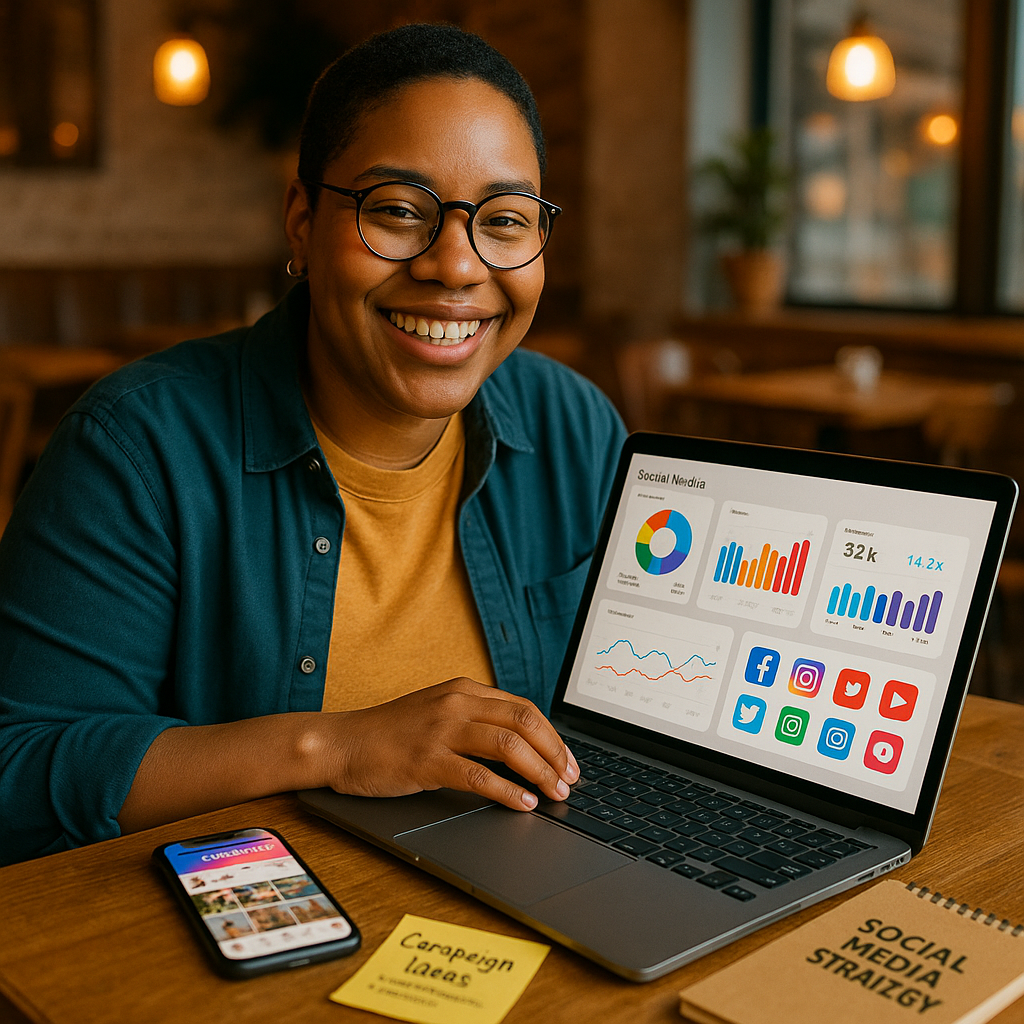 Smiling woman with glasses analyzing social media data on a laptop, phone, and notebook on a table.