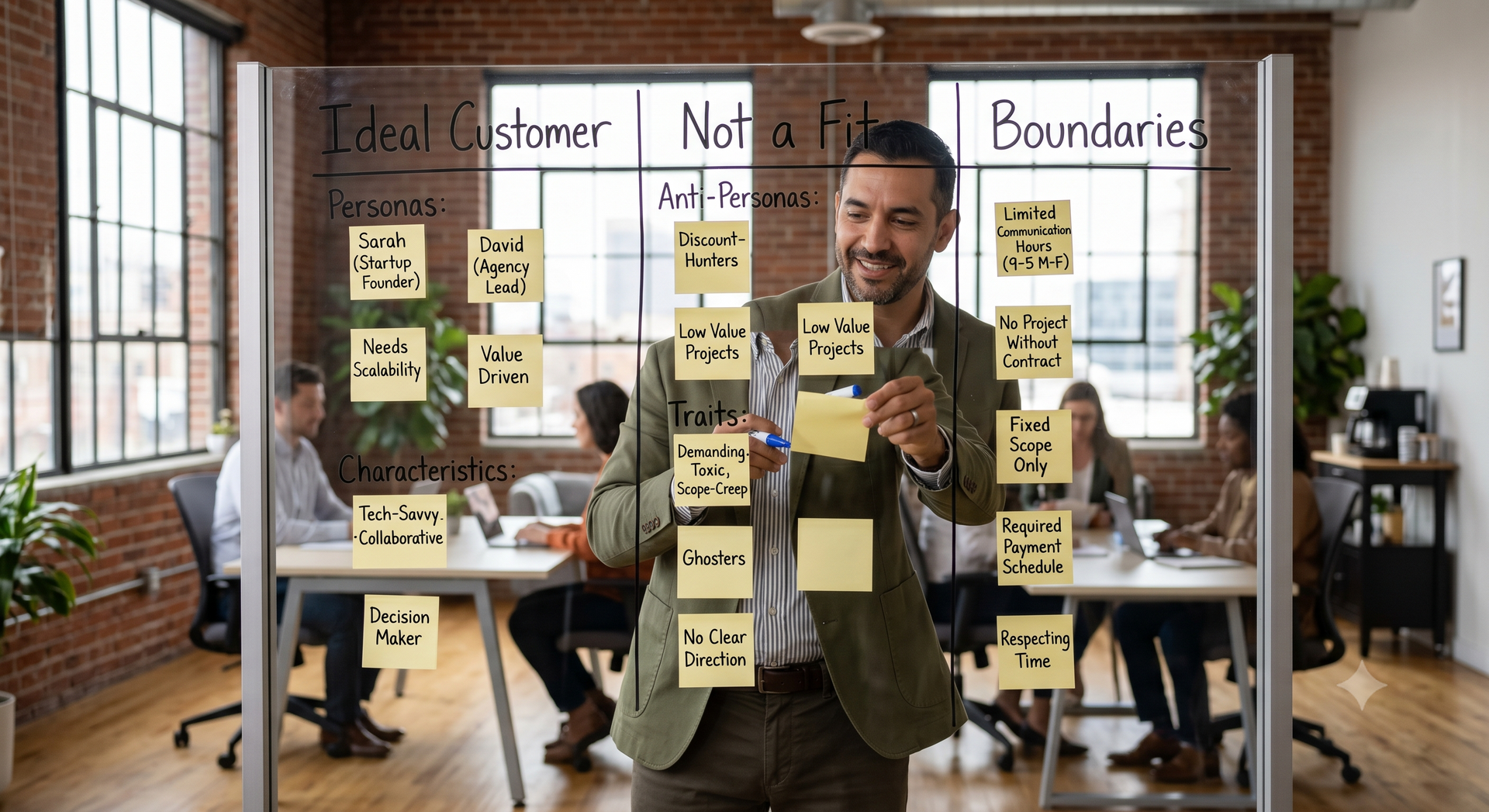 Man in a meeting room places sticky notes on a glass wall labeled “Best Customer” and “Not a… Boundaries.”