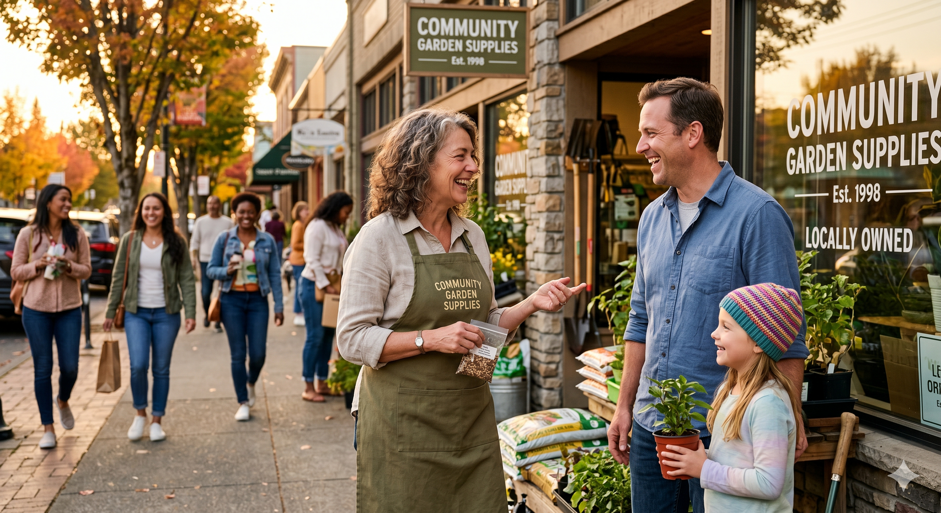 Neighbors chat outside a community garden supplies store on a sunny sidewalk.