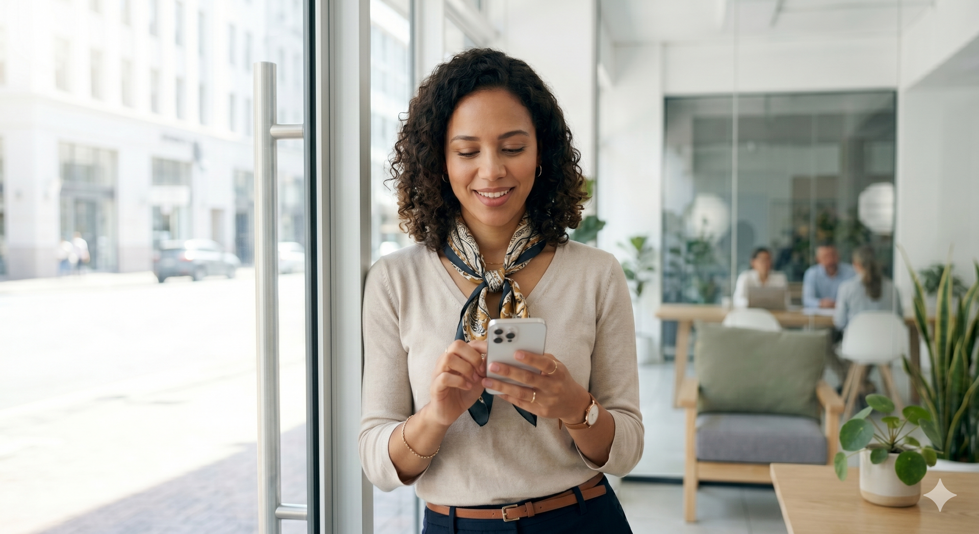 Woman smiling at a smartphone in a bright office lobby near a window and seating area