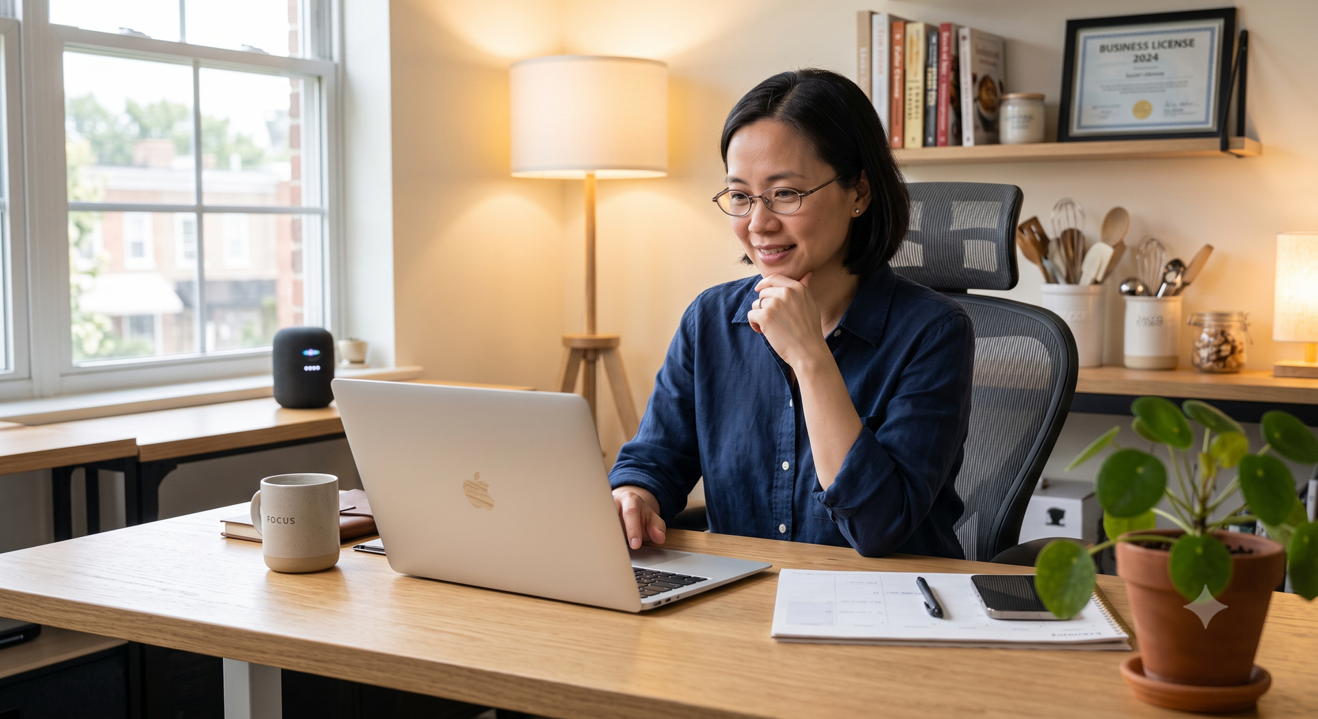 Person working at a laptop in a bright home office, with a desk lamp, bookshelves, and a potted plant nearby