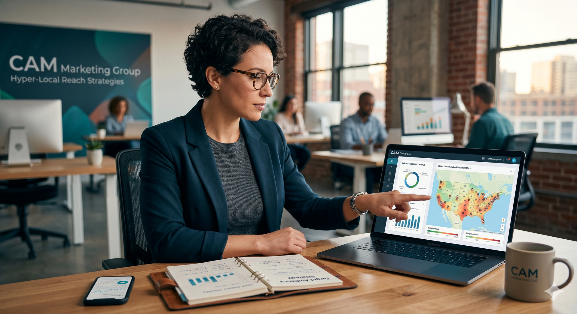 Professional woman reviewing a laptop with analytics charts in a modern office meeting room