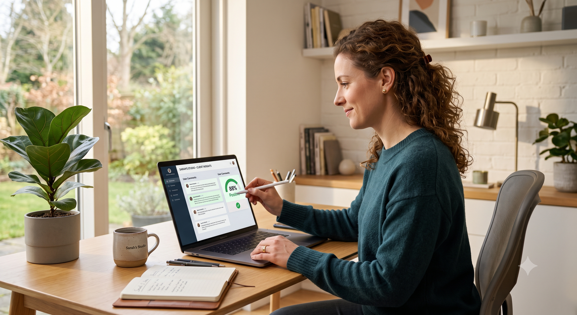 Woman working on a laptop at a wooden desk in a bright home office, using a stylus with charts on screen