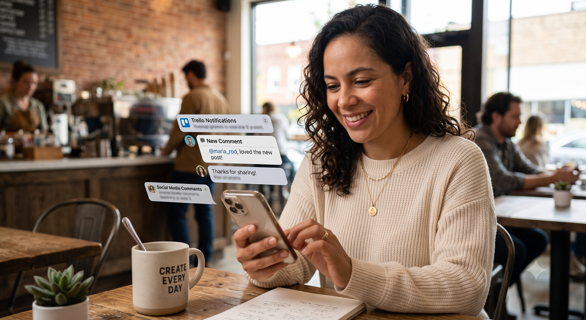 Woman smiling at a café table, reading messages on her phone beside a coffee mug and laptop.