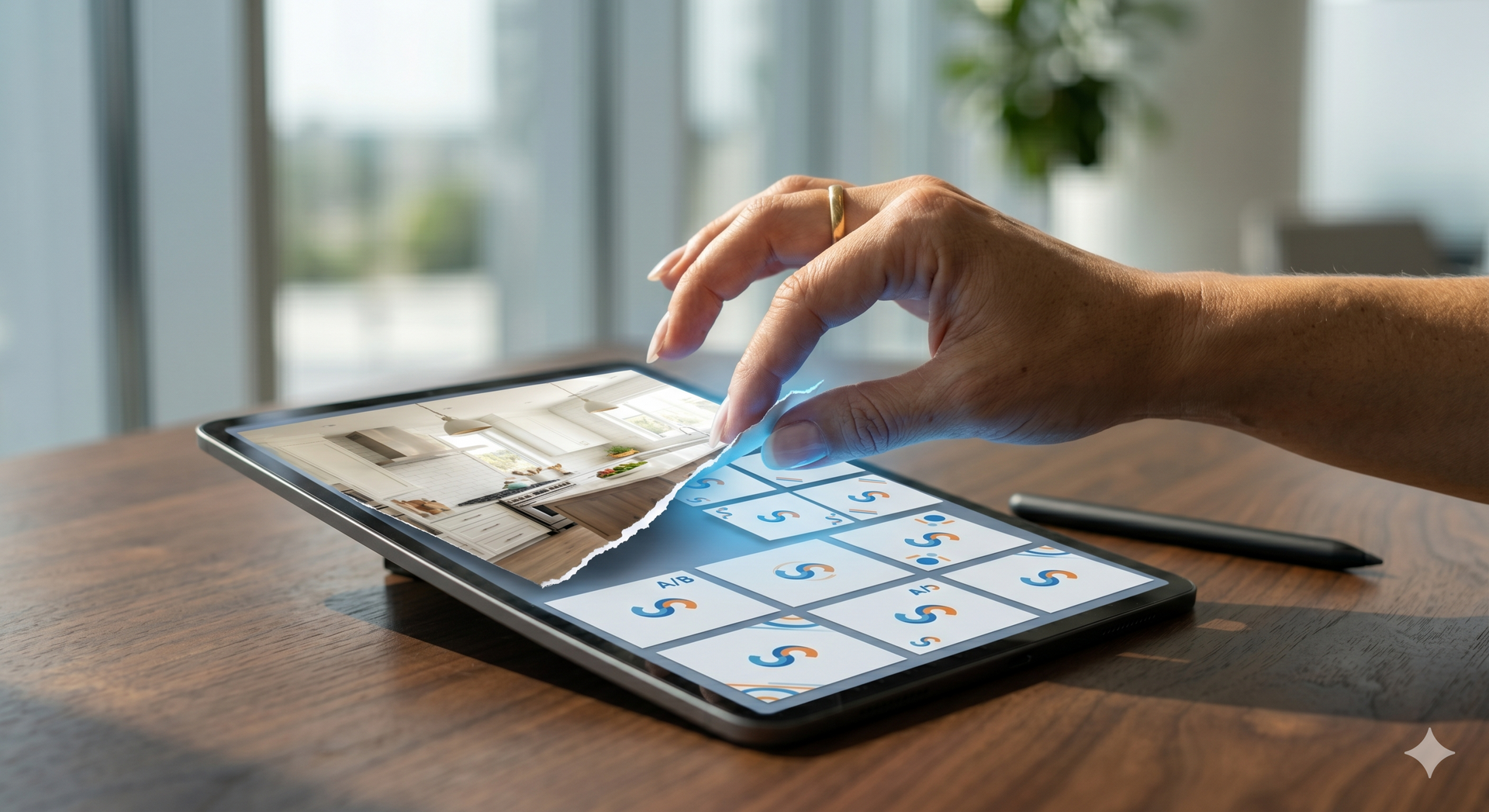 Hand tapping a tablet beside a smartphone on a desk, showing a calendar-style screen